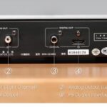 CD-spelare Cayin Mini-CD mk2 baksida med analog ut höger/vänster, koaxial digital ut och I2S ut (HDMI)