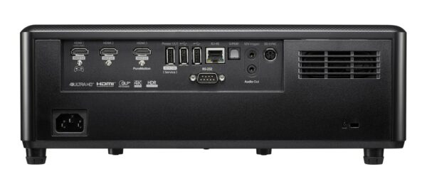 Projektor Optoma UHZ55. Laser 4K. In/utgångar 3 HDMI, USB, audio out, 3D sync.